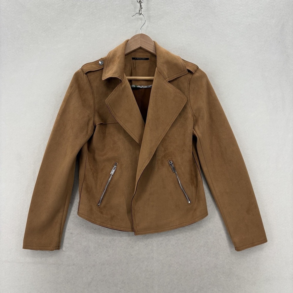 Tahari Jacket Womens Small Brown Faux Leather Moto Biker Open Front Tobacco NWT